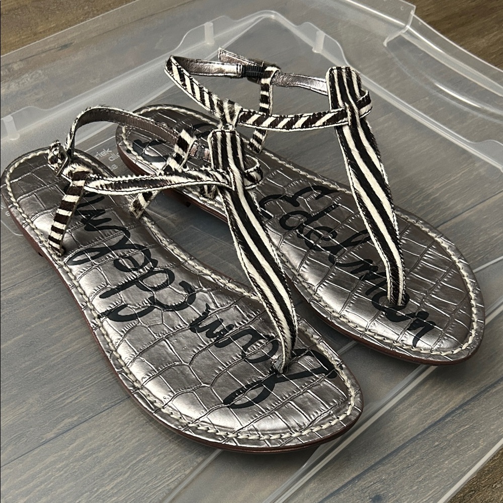 Sam Edelman Black and White Leather Striped Sandals Size 7